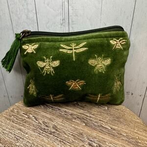 Green Velvet Pouch Dragonfly Bumblebees Makeup Bag Coin Pouch NEW FAST SHIP